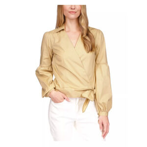 MICHAEL KORS Womens Beige Tie Long Sleeve Point Collar Wrap Top Size L 12501